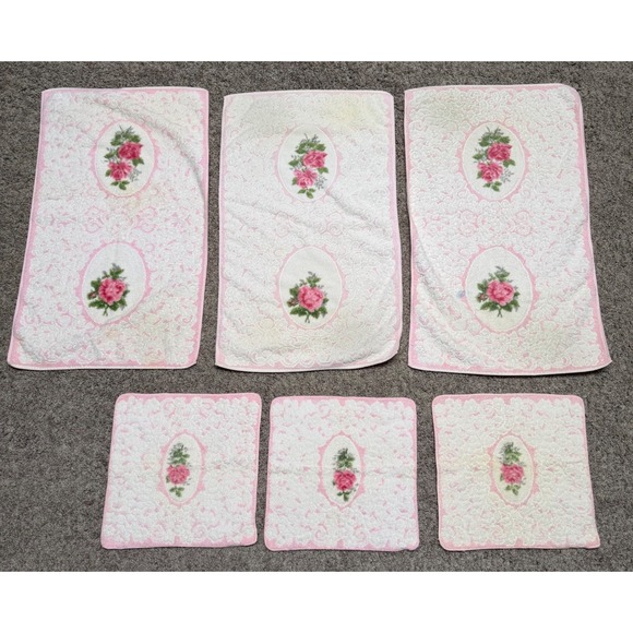 Cannon Royal Family Other - 70s Vintage Cannon Royal Family 6pc Towel Set‎ Pink Rose Floral Cotton White